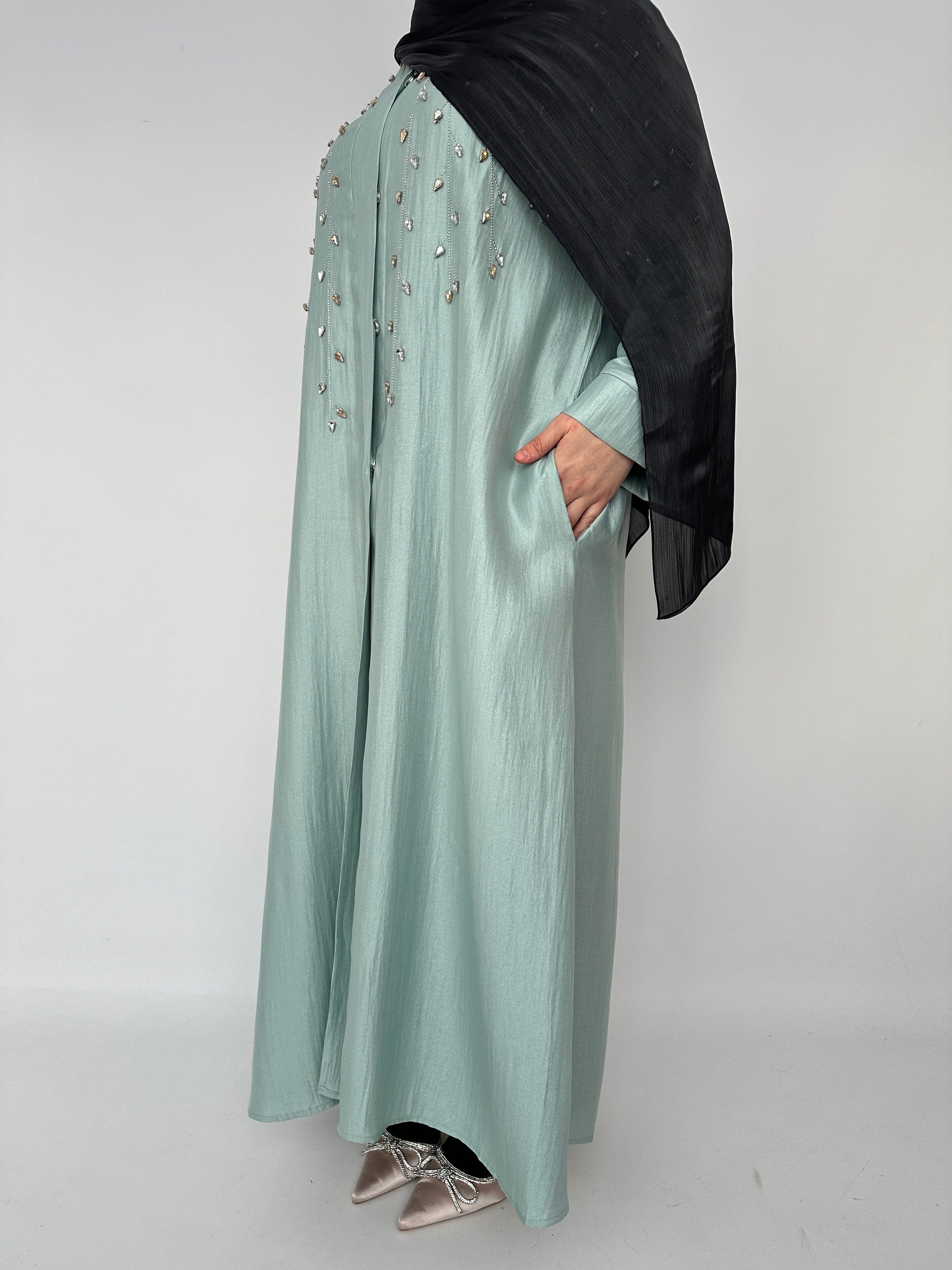 KIMONO LONGE AVES STRASS VERT